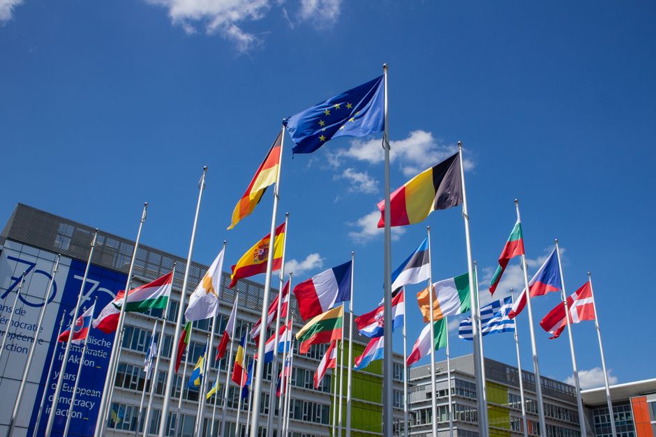 Parlement européen à Strasbourg avec drapeaux de l'UE et des États membres sur fond de ciel bleu