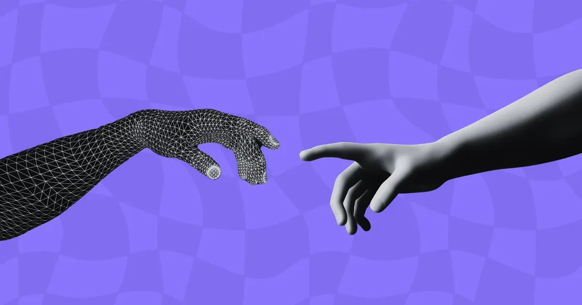 A human hand and a digital hand reaching toward each other, illustrating AI in development