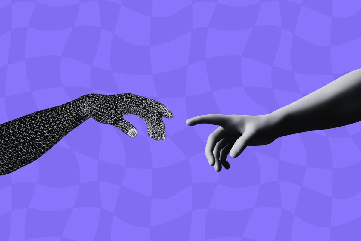 A human hand and a digital hand reaching toward each other, illustrating AI in development